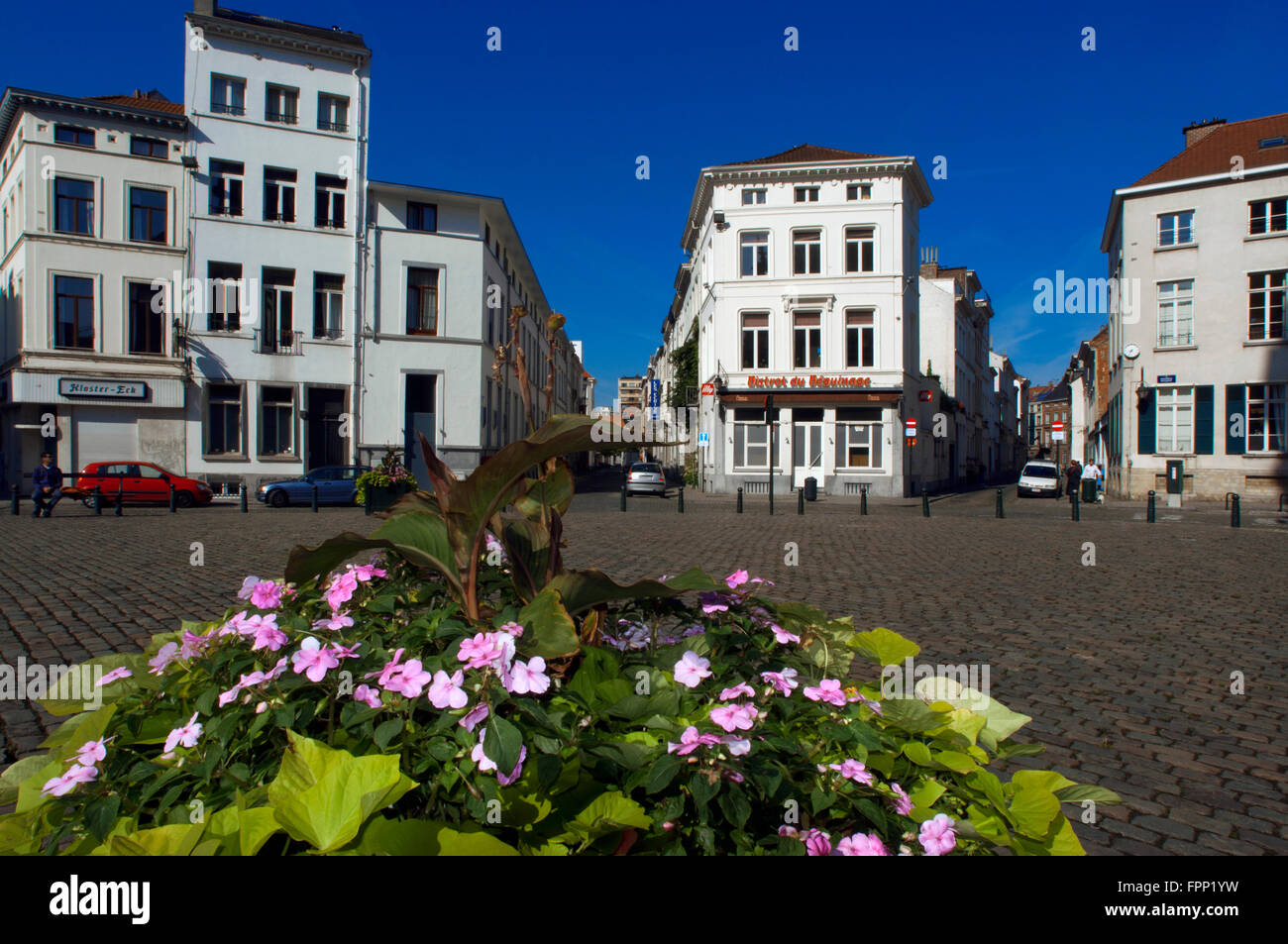 Place du Béguinage, Beguinage square, Brussels, Belgium. St Cathérine neighborhood. Square located next to the Église St Jean Ba Stock Photo