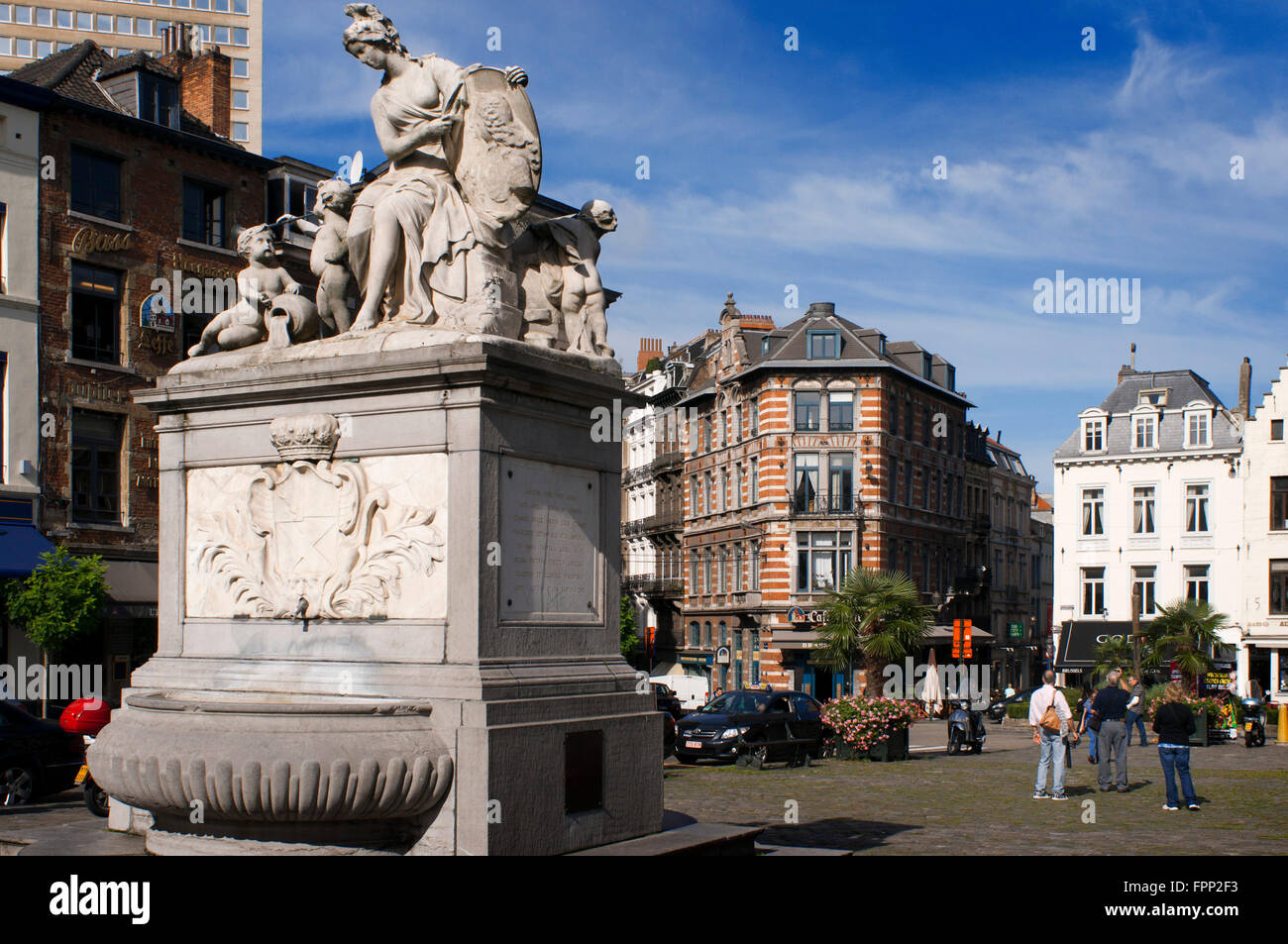 Fountain by Jacques Berge in 1751 at the Place du Grand Sablon, Brussels, Belgium. At number 40 is the Musée des Postes et Telec Stock Photo