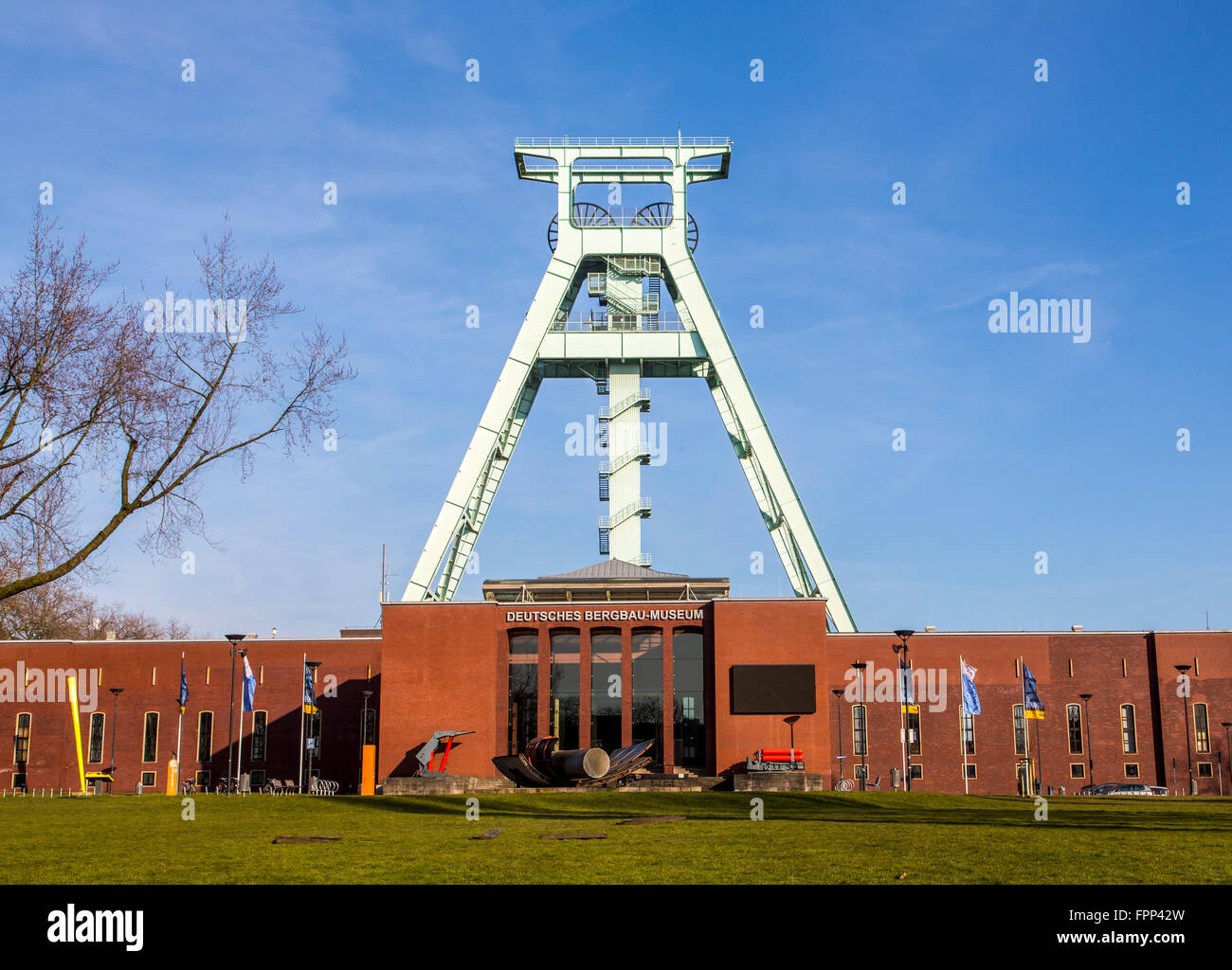 German mining museum in Bochum, Germany, largest mining museum in the world, pithead gear over the museum, Stock Photo