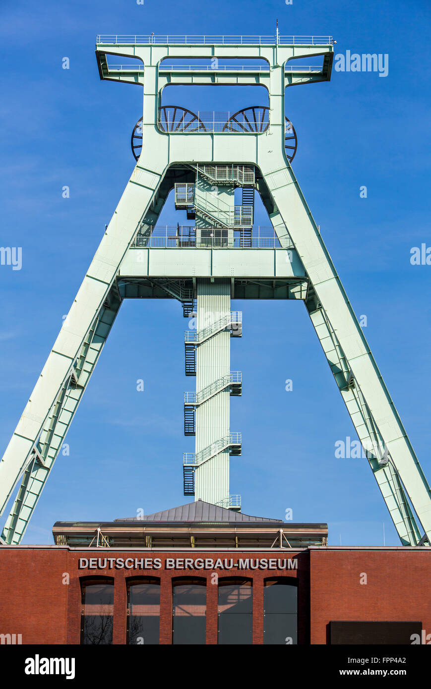 German mining museum in Bochum, Germany, largest mining museum in the world, pithead gear over the museum, Stock Photo