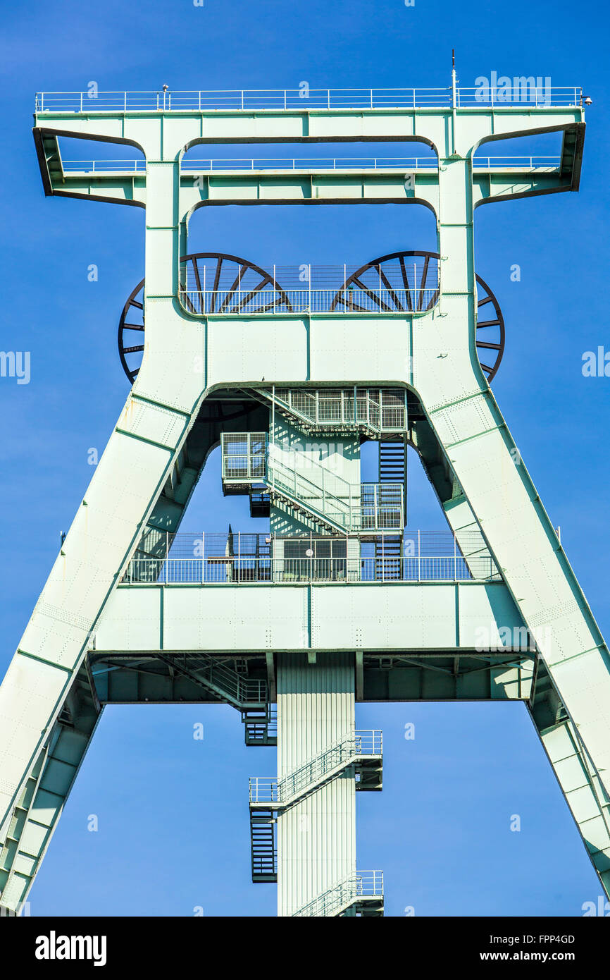German mining museum in Bochum, Germany, largest mining museum in the world, pithead gear over the museum, Stock Photo