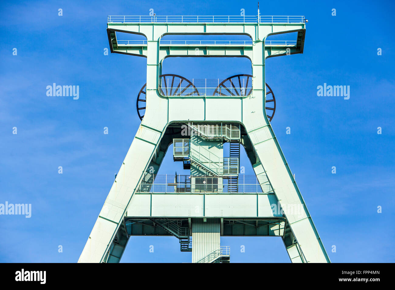 German mining museum in Bochum, Germany, largest mining museum in the world, pithead gear over the museum, Stock Photo