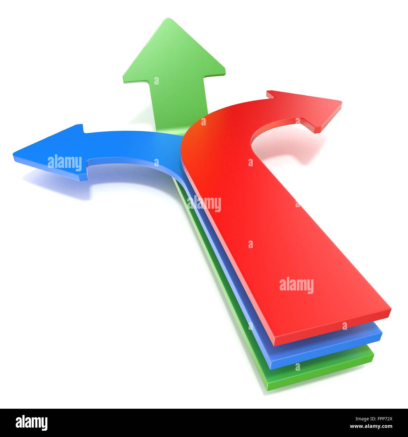 Three way arrows, showing three different directions. Blue left, red right and forward green arrows concept. 3D render illustrat Stock Photo