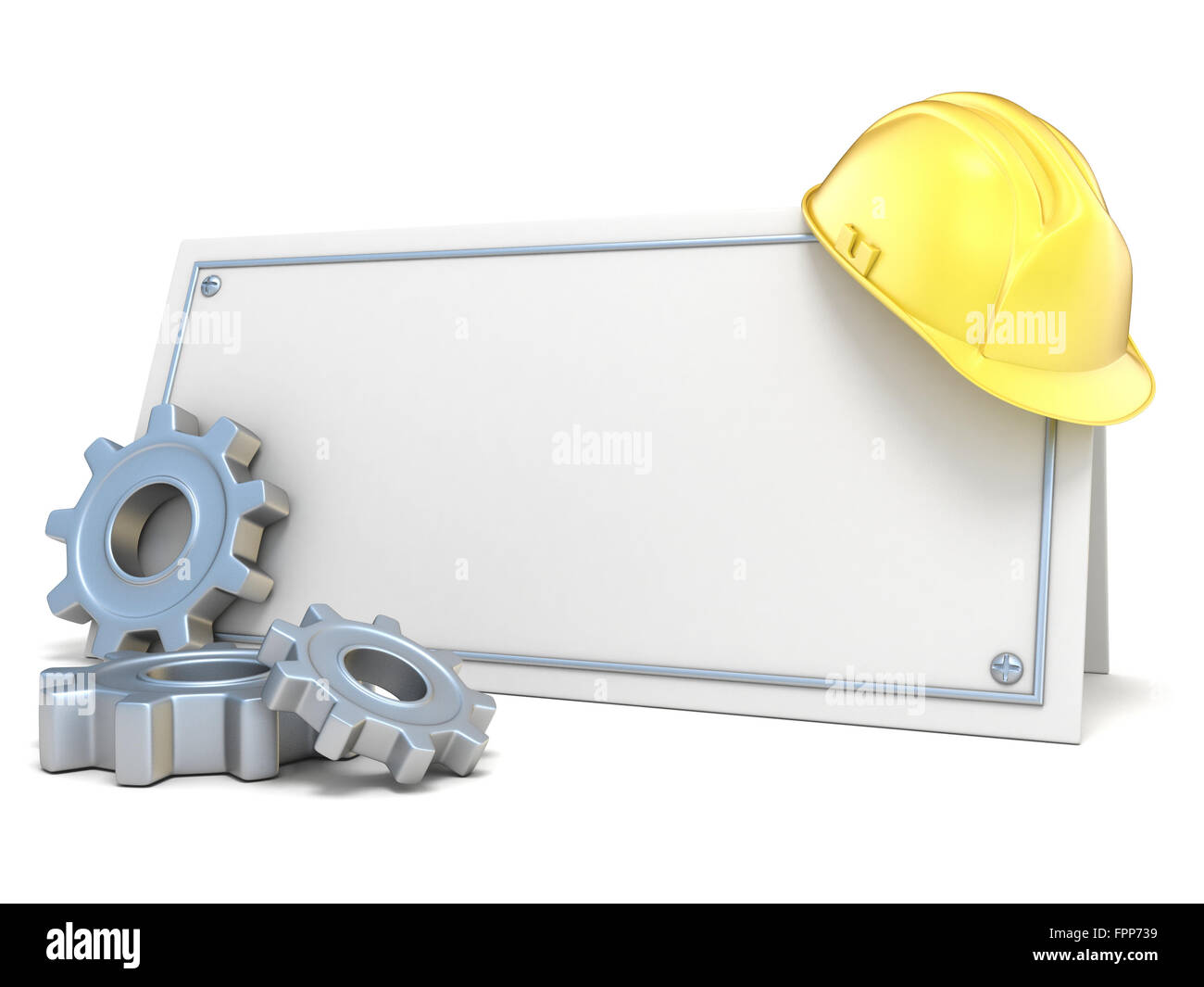 Construction helmet and gear wheels, on blank card. 3D render illustration isolated on white background Stock Photo