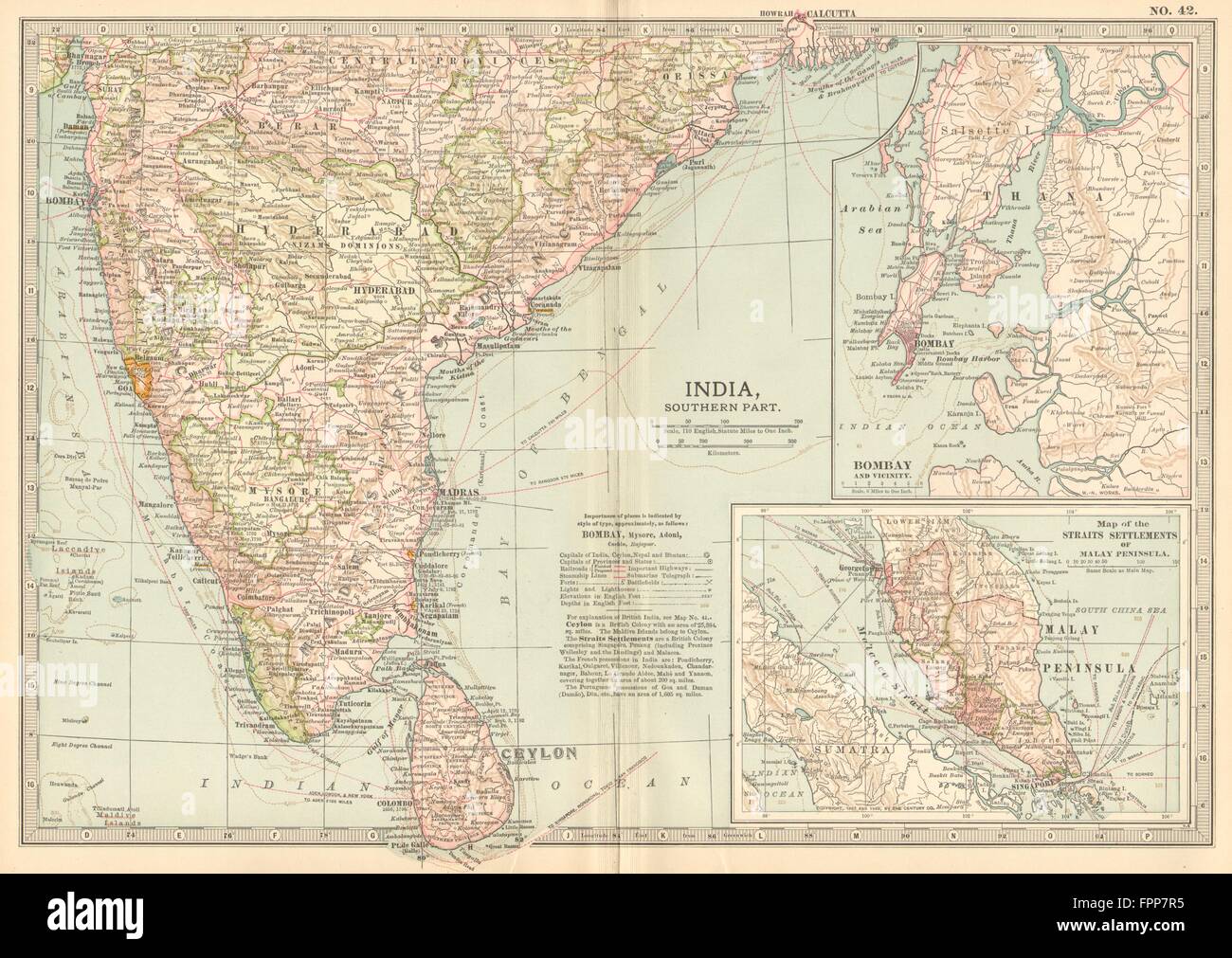 INDIA SOUTH CEYLON: Bombay Malaysia Singapore.Shows key battles/dates, 1903 map Stock Photo