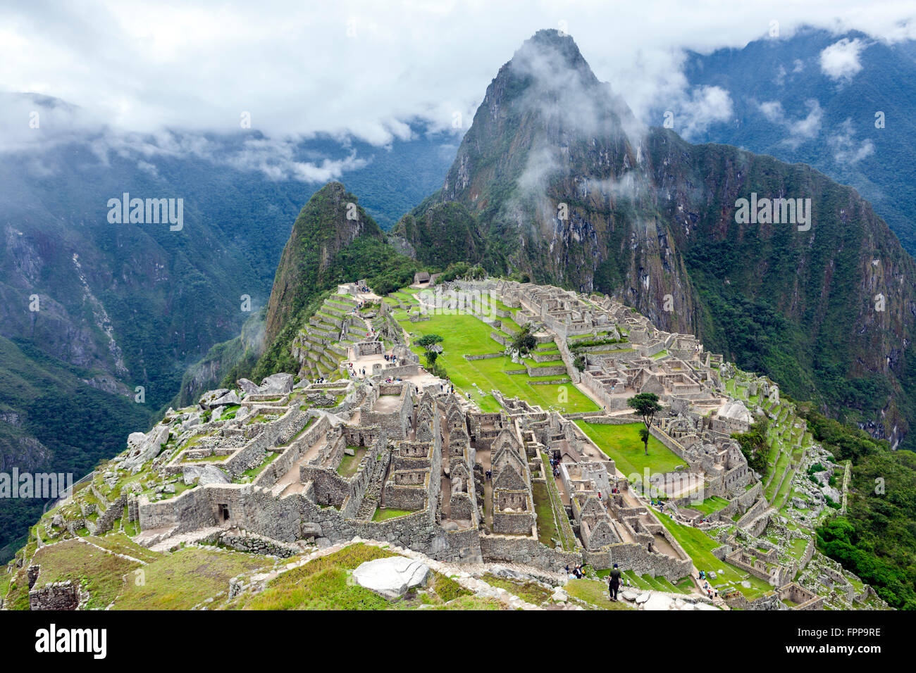 View of Machu Picchu and Huayna Picchu (Wayna Picchu or Wayna Pikchu) mountain in Peru Stock