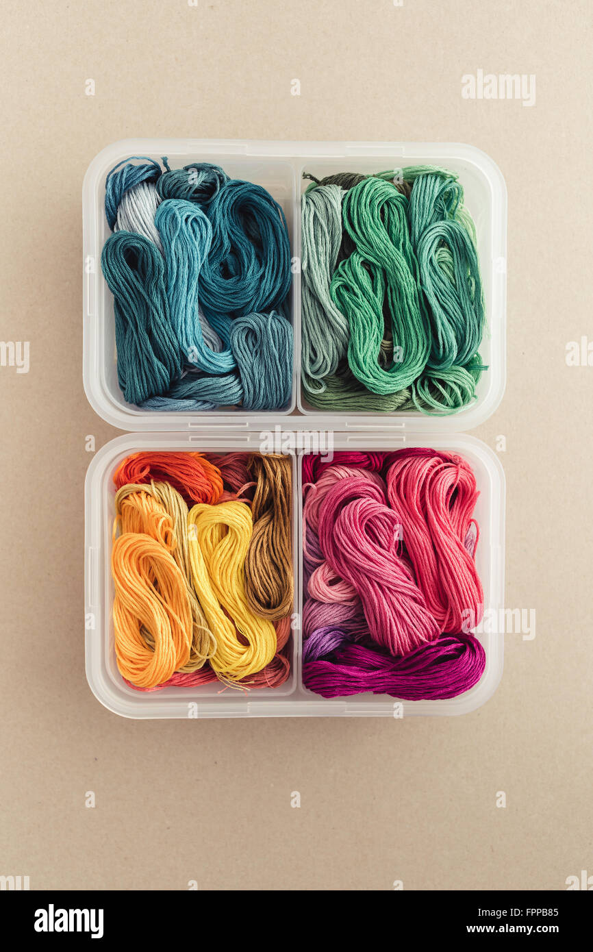 Multi colored threads, organized by color in a plastic box Stock Photo