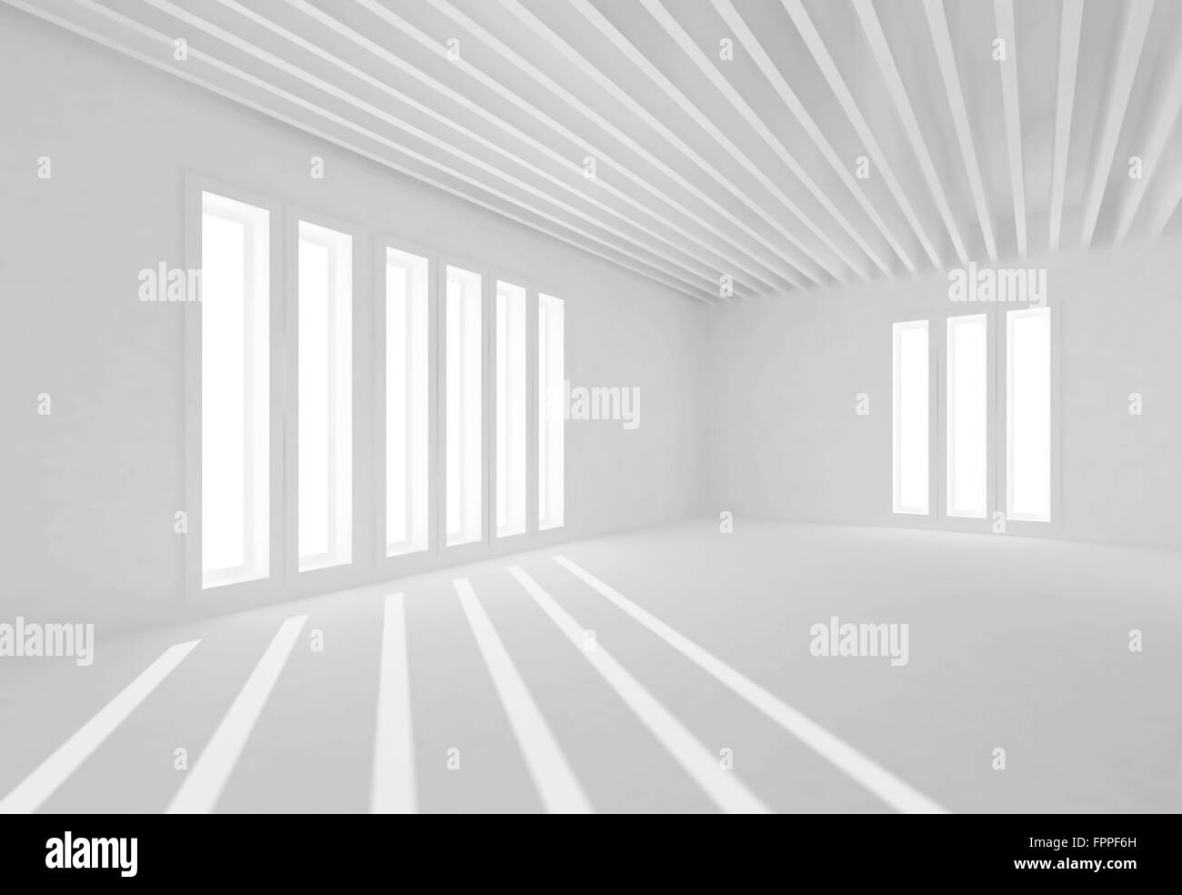 Abstract white room interior with windows and sun beams. Empty ...