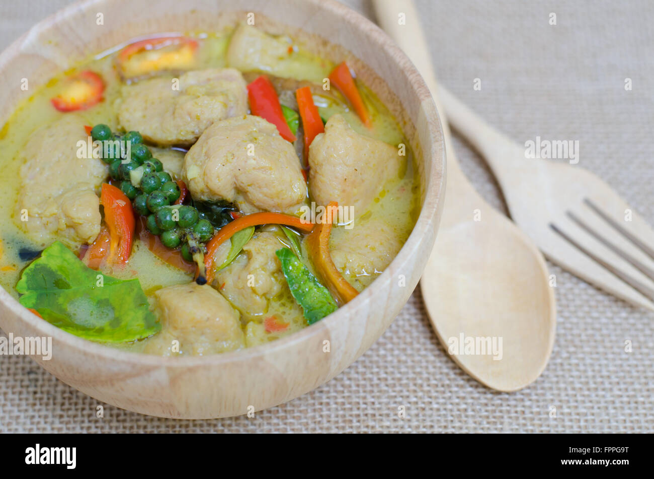 Green curry fish balls is Thai cuisine. Stock Photo