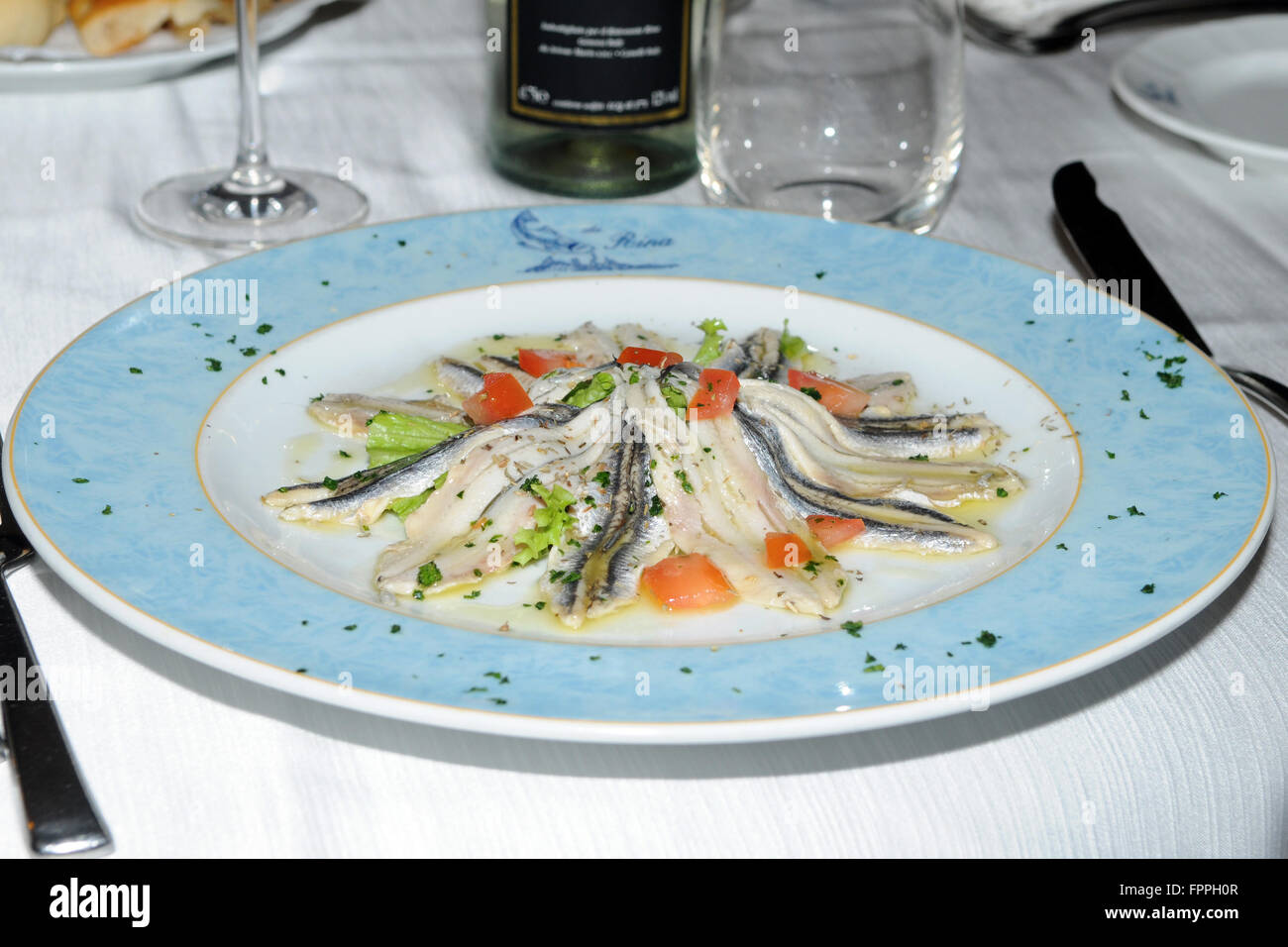 a plate of anchovy, Acciughe marinate, Ligury, Italy Stock Photo