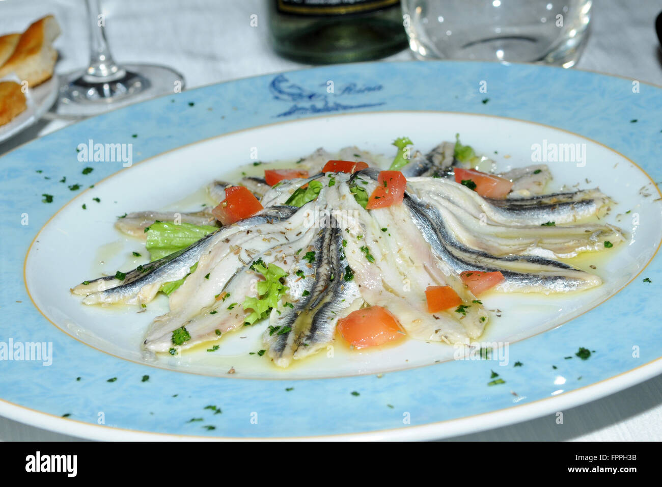 a plate of anchovy, Acciughe marinate, Ligury, Italy Stock Photo