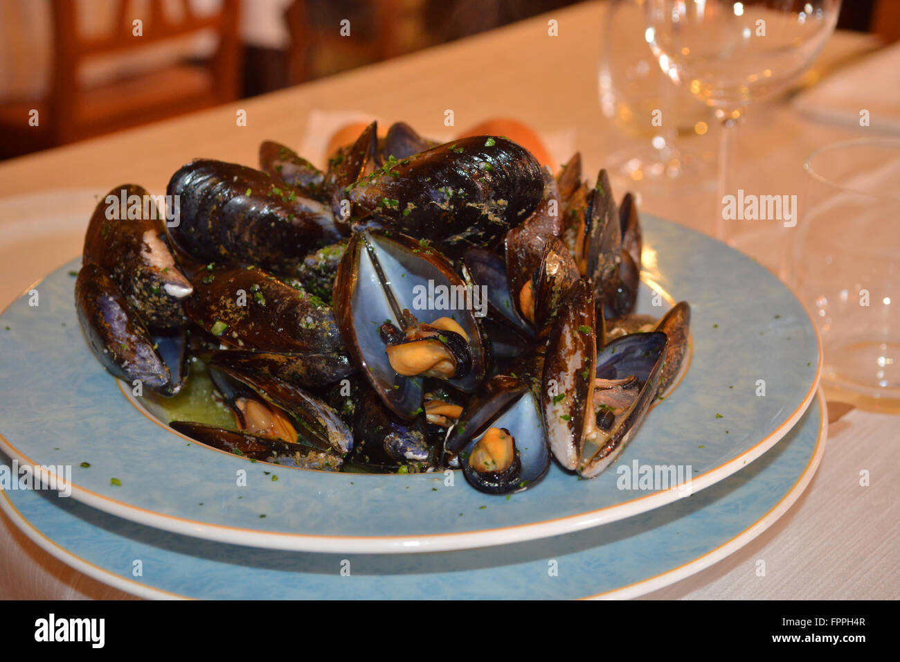 Plate of cooked mussels,Genoa, Ligury, Italy, Europe Stock Photo