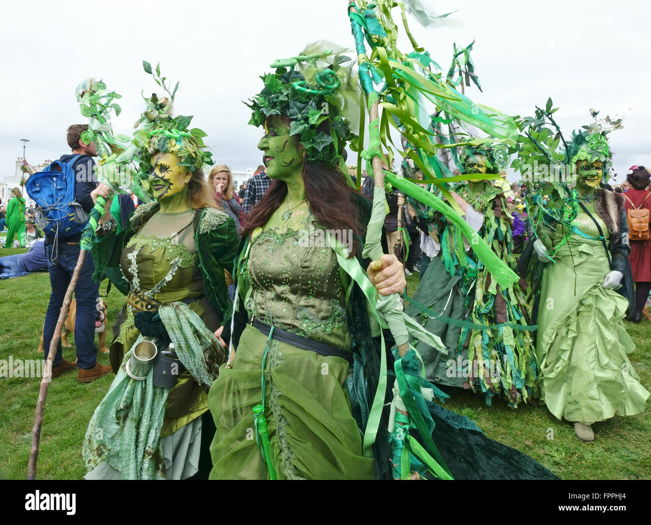 Elaborately costumed green May Day revellers at the annual Jack-in-the-Green festival, Hastings, East Sussex, England, UK, GB Stock Photo