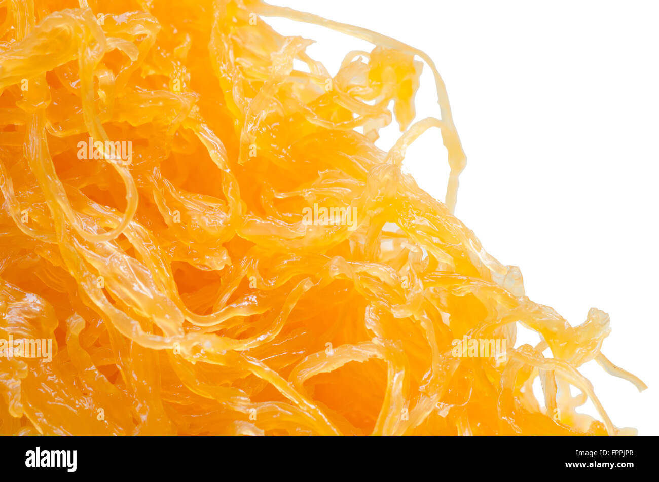 Closeup of Thai dessert, Foythong Cake or Gold Egg Yolks surface isolated on white background Stock Photo