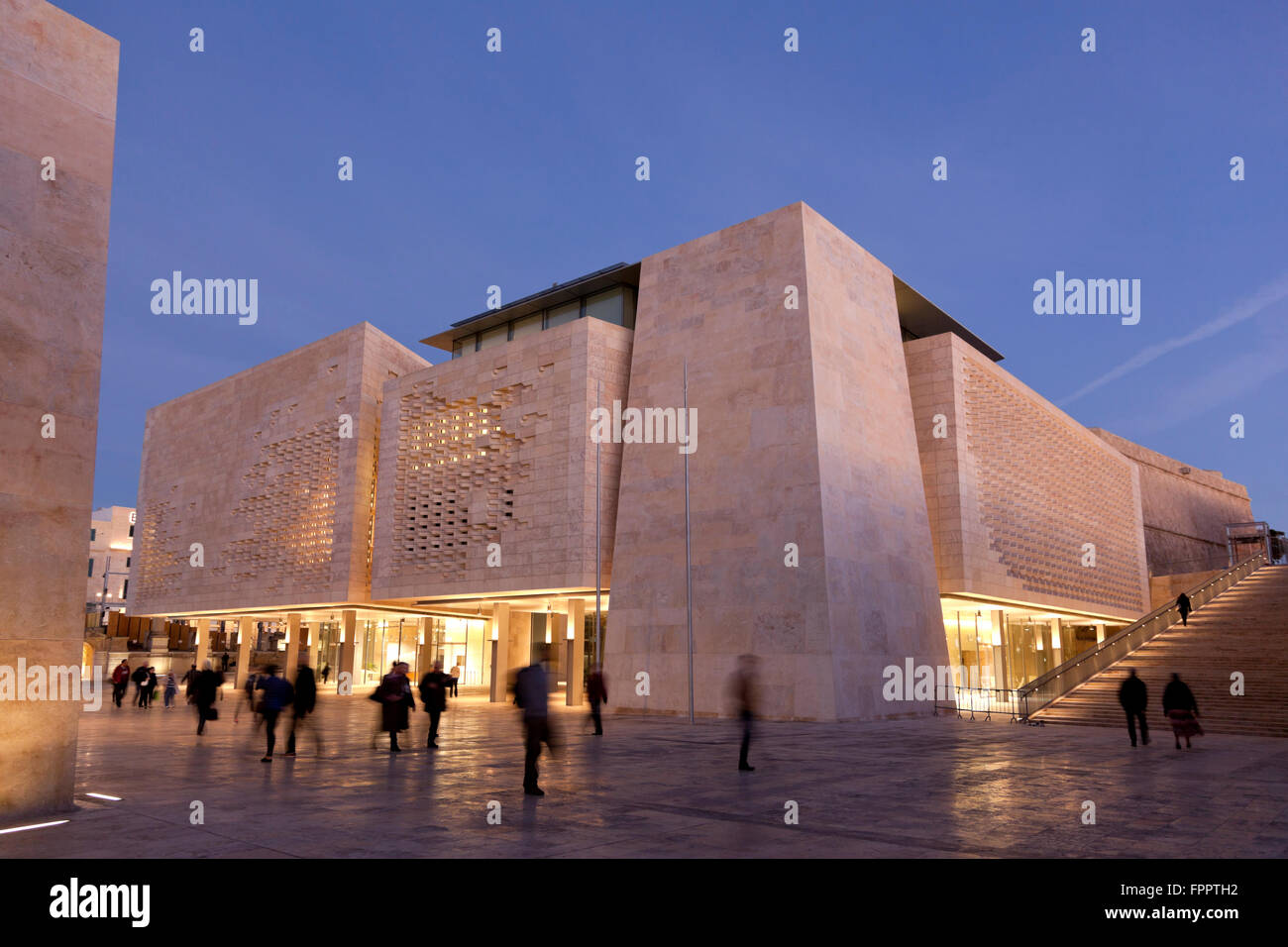 The new parliament building is the main element of a stupendous architectural setpiece in Valletta inaugurated in 2015. Stock Photo
