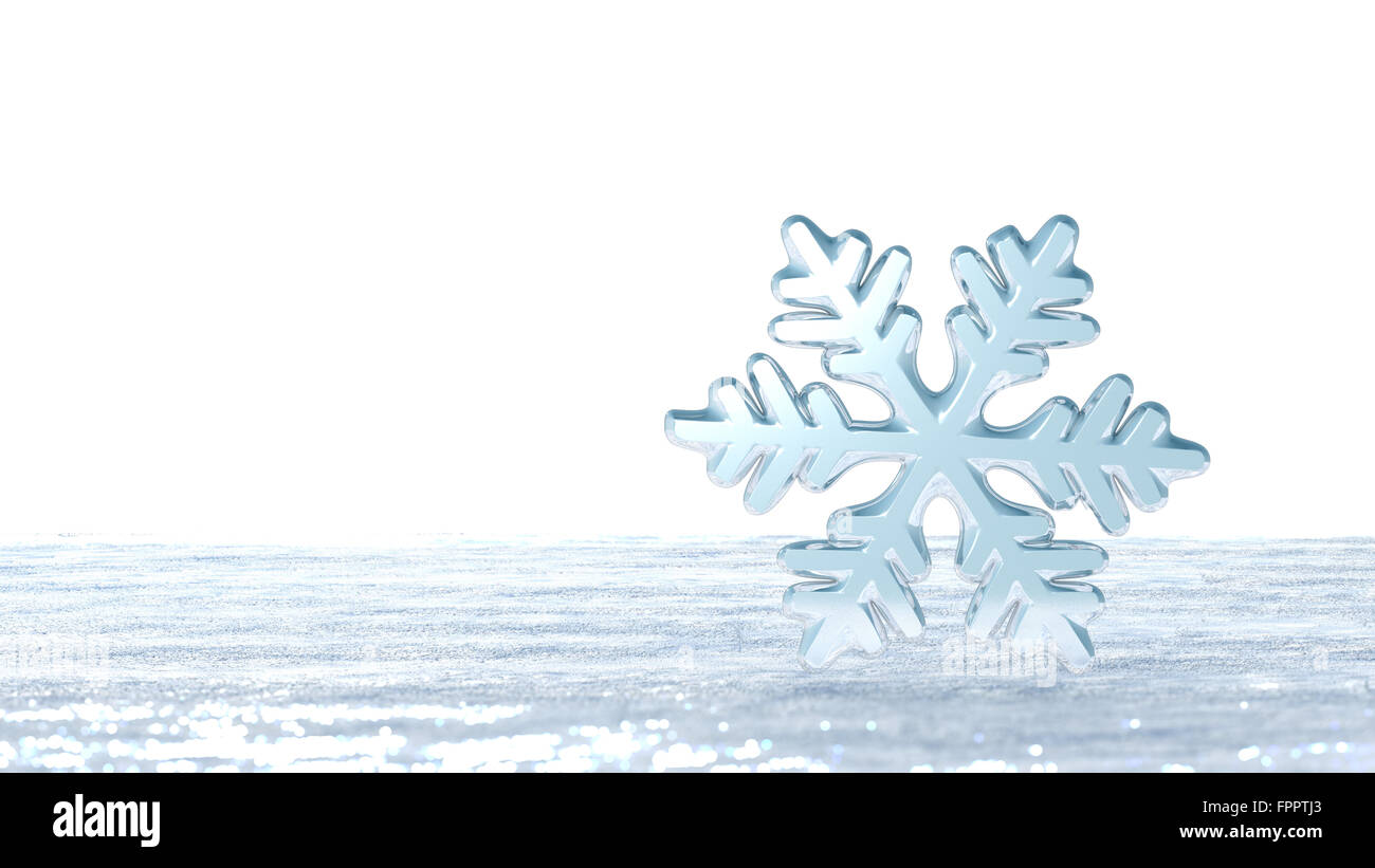 Snowflake standing on a fresh snow. 3d render. Stock Photo