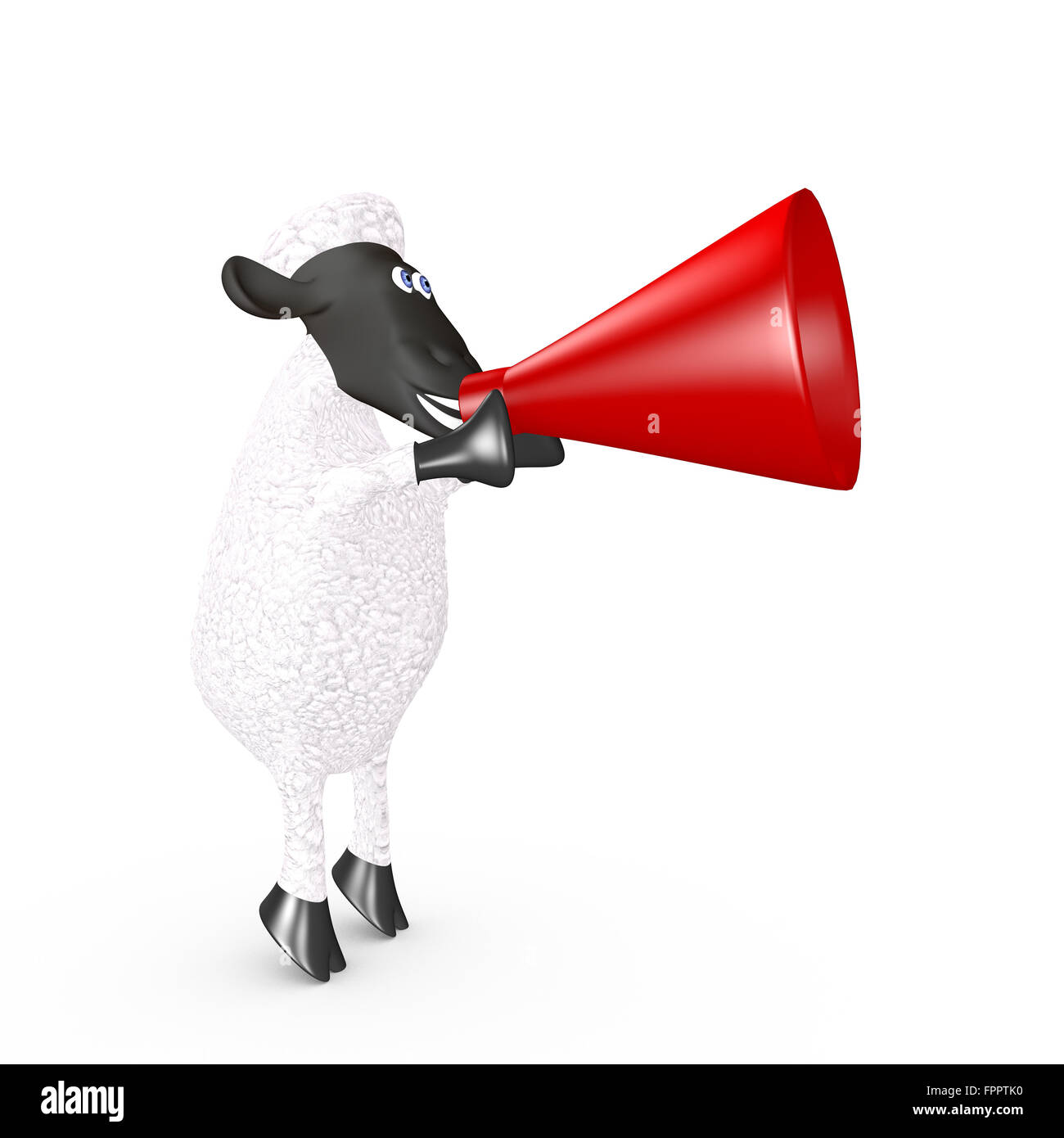 funny sheep speaking loudly into a megaphone. 3d render Stock Photo
