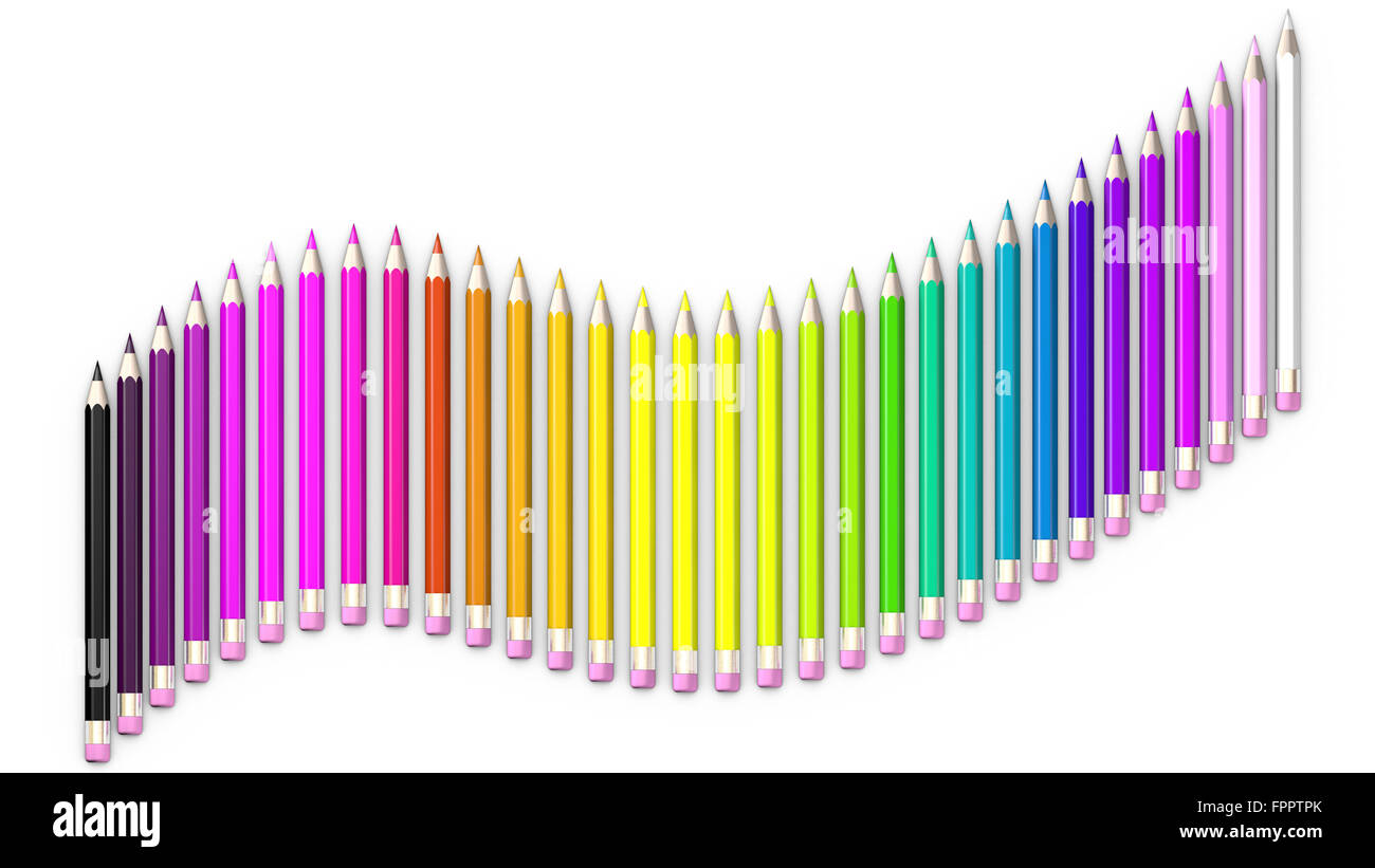 Set of coloured pencil. Pencils are aligned following a wave and sorted using rainbow colours. Stock Photo
