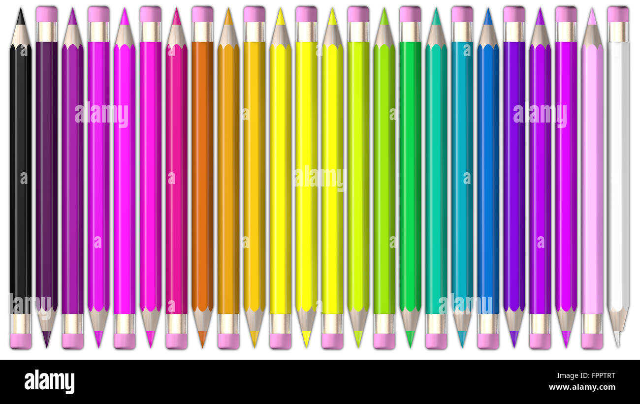 Set of coloured pencil. Pencils are aligned head to tail and sorted using rainbow colours. Stock Photo