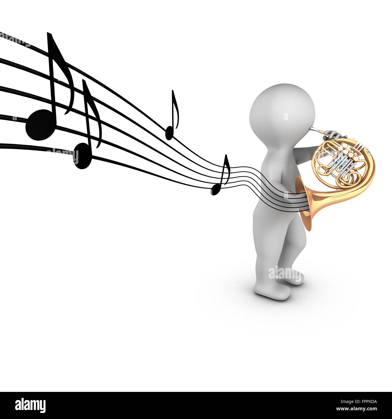 A 3D character playing french horn (corniste) with notes on a partition