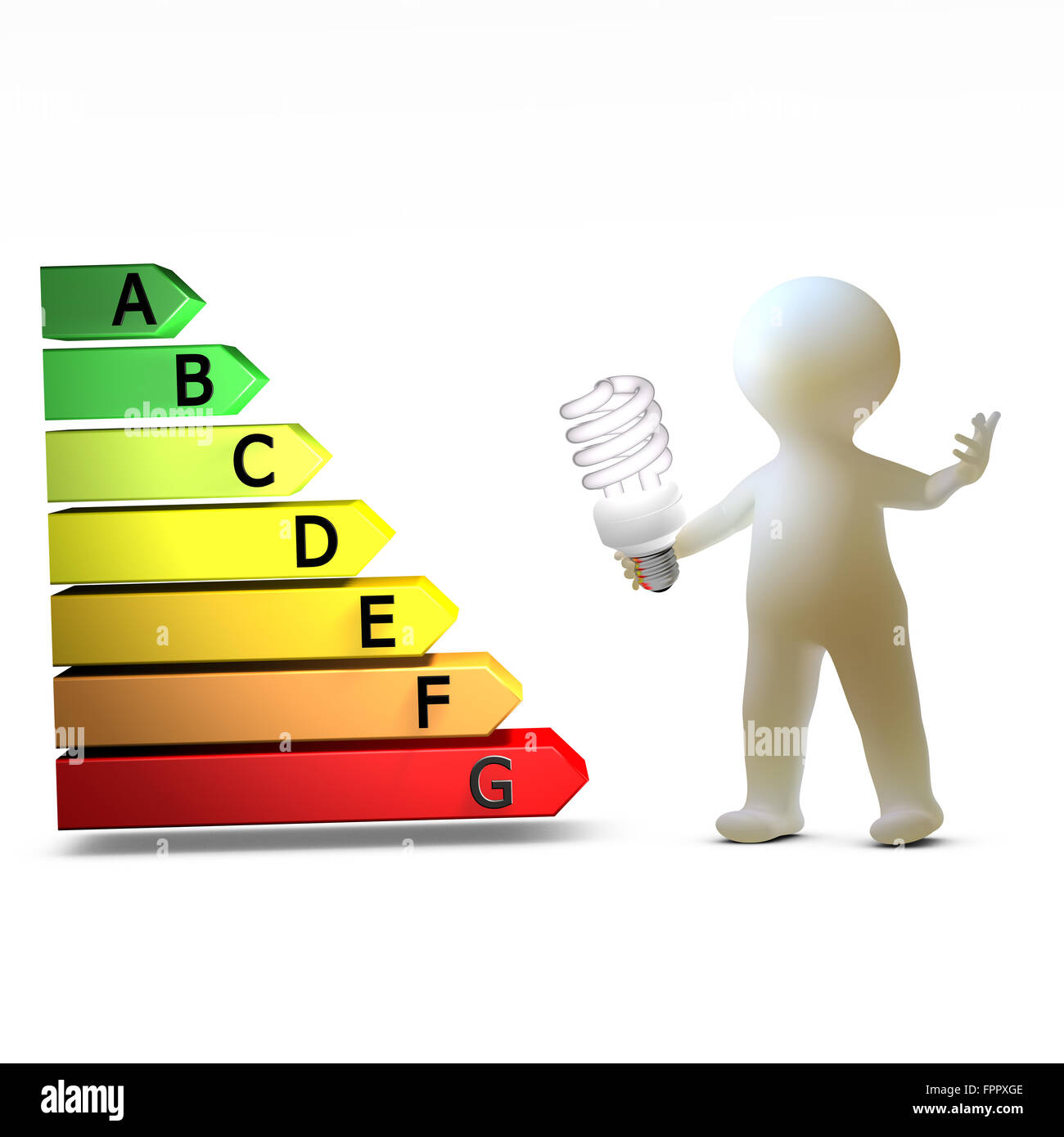 A character showing a light bulb and an energy performance label Stock ...