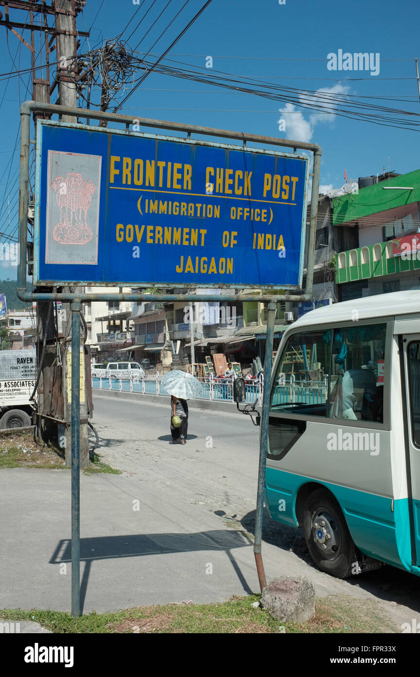A sign for the Indian Frontier Check Post at Jaigaon, West Bengal, India, prior to entering Bhutan. Stock Photo