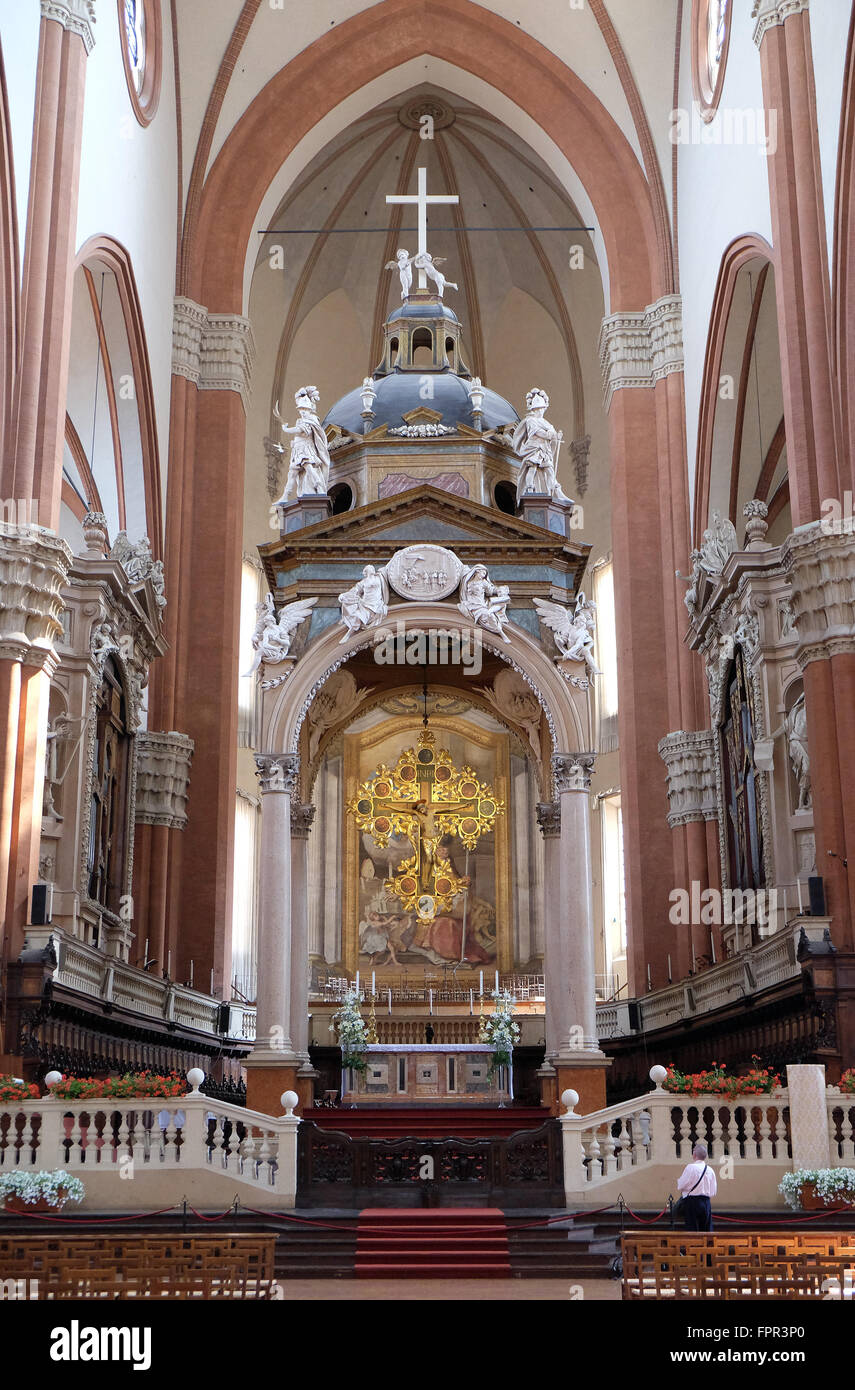 Main altar in Basilica di San Petronio, huge and beautiful cathedral in Bologna, Italy Stock Photo