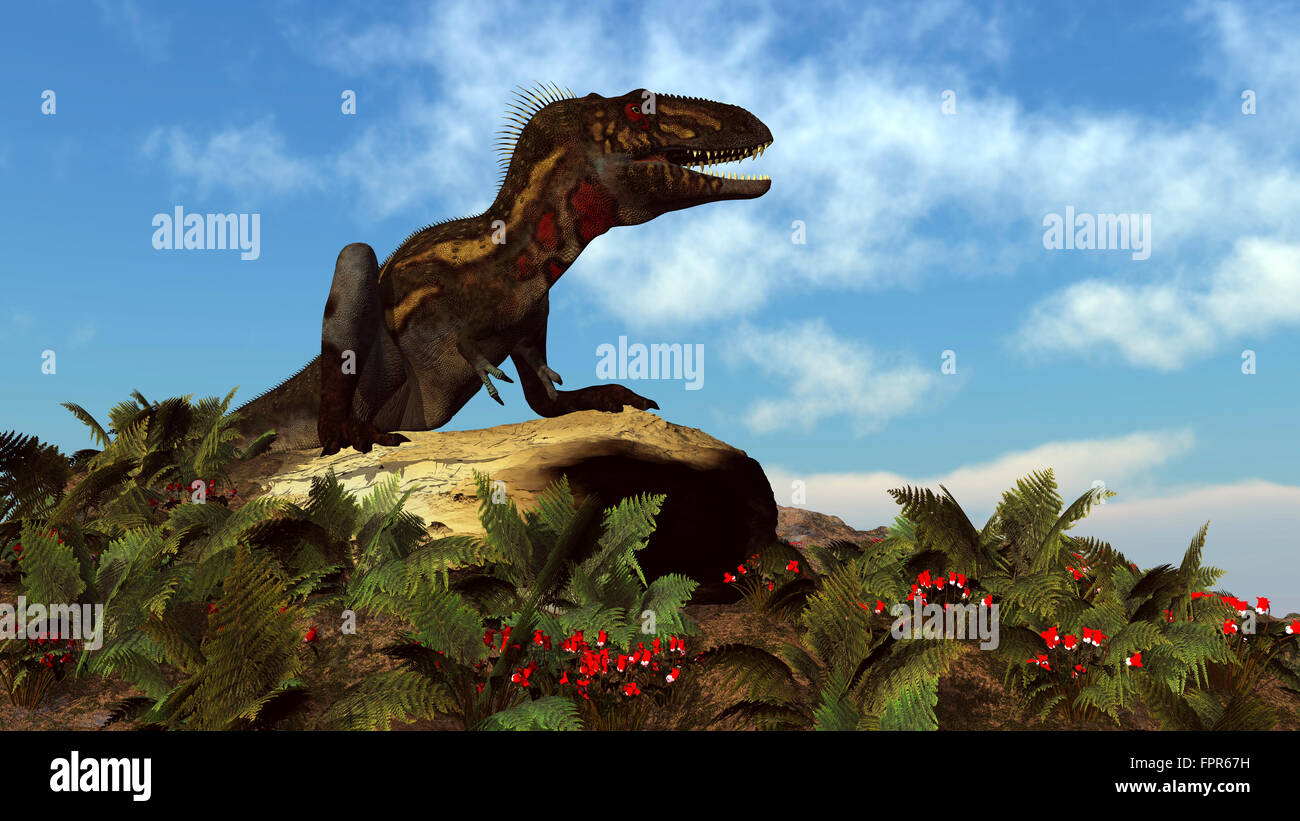 Nanotyrannus dinosaur resting on a rock among red flowers and ferns. Stock Photo