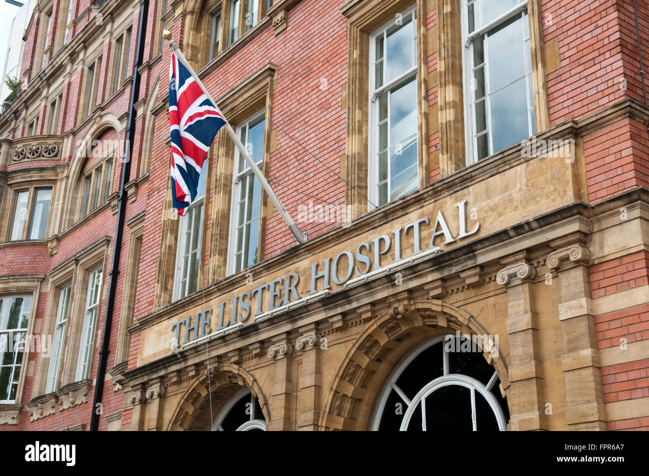 The red brick front of the private Lister Hospital near Chelsea Bridge in London, UK Stock Photo
