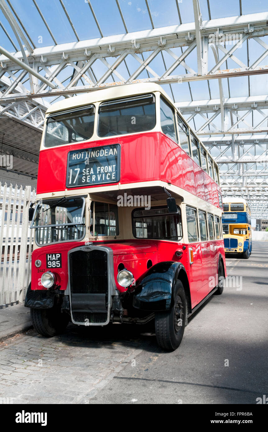 A red vintage Bristol K  double decker bus at rally in Eastbourne, East Sussex, UK Stock Photo
