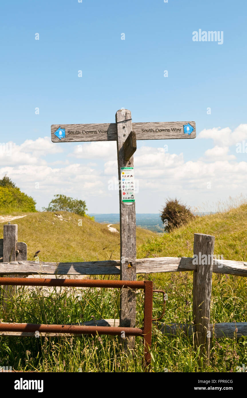 Wooden direction sign on the South Downs Way hiking trail near Bostal Hill near Alfriston, East Sussex Stock Photo