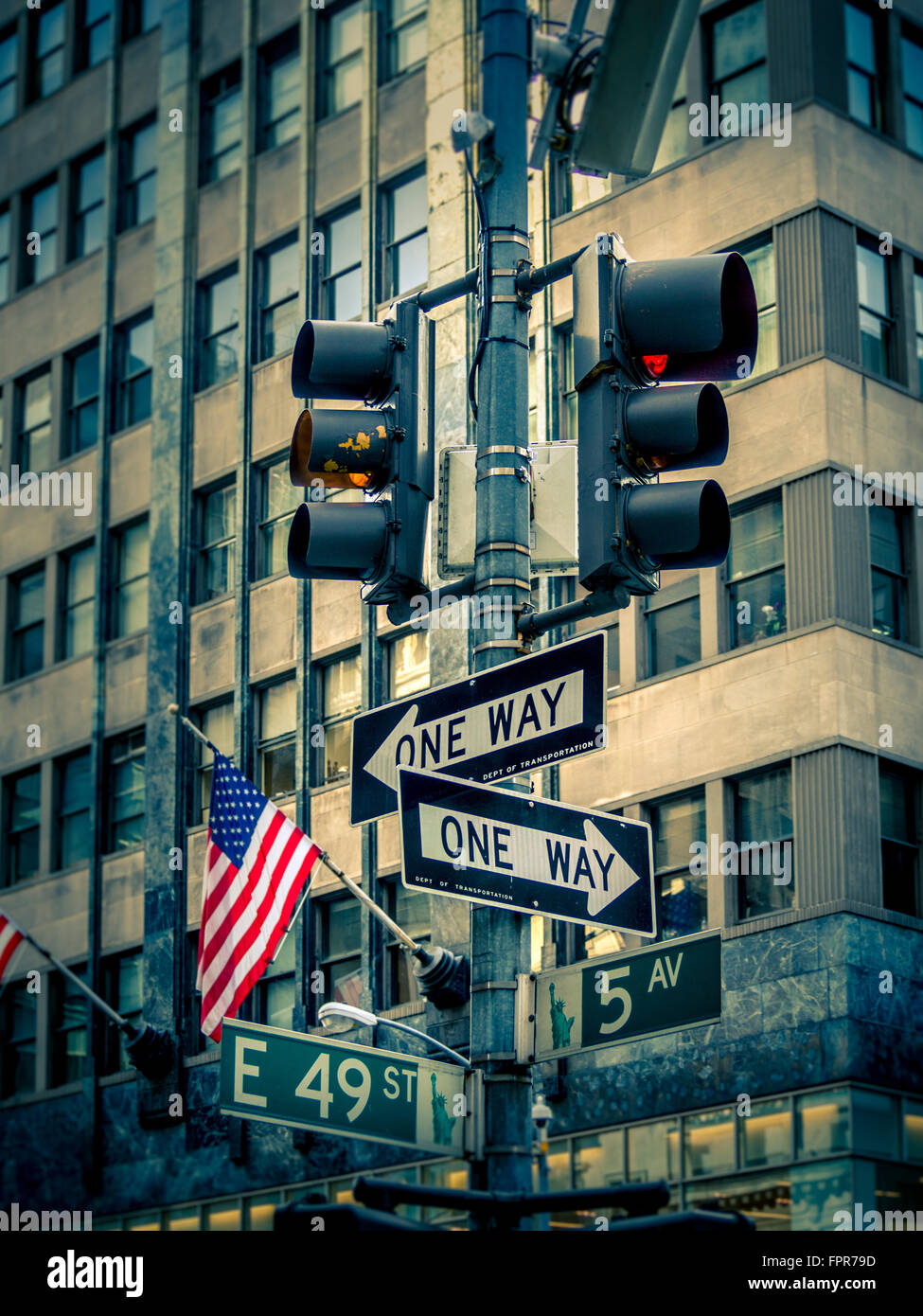 5th Avenue sign, One Way sign, E49st sign, Traffic lights