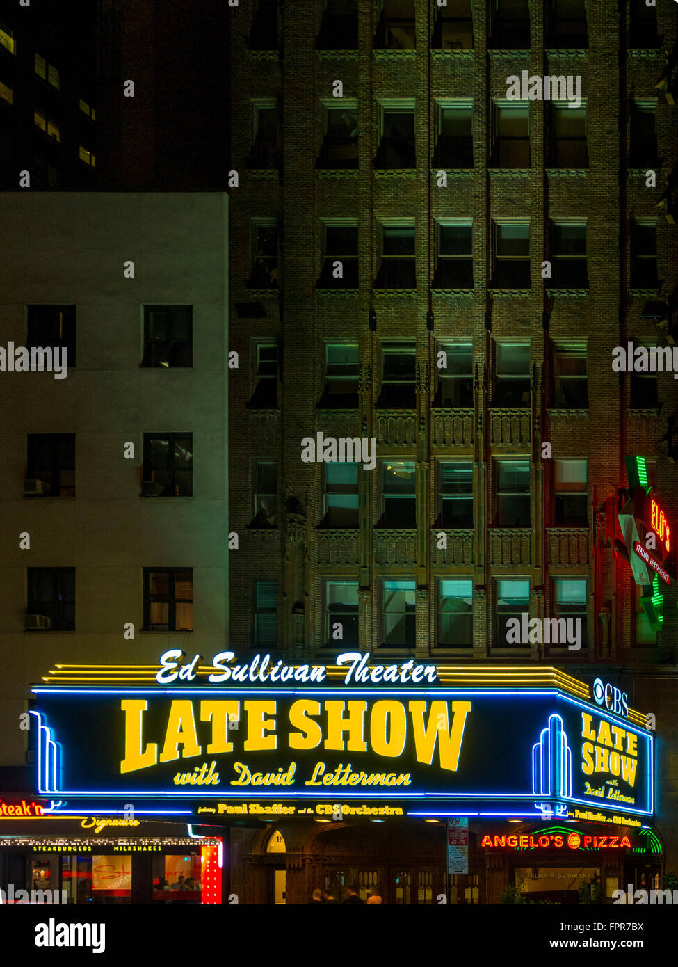 Late Show with David Letterman illuminated sign at the Ed Sullivan Theater, Broadway, New York City, USA. Stock Photo