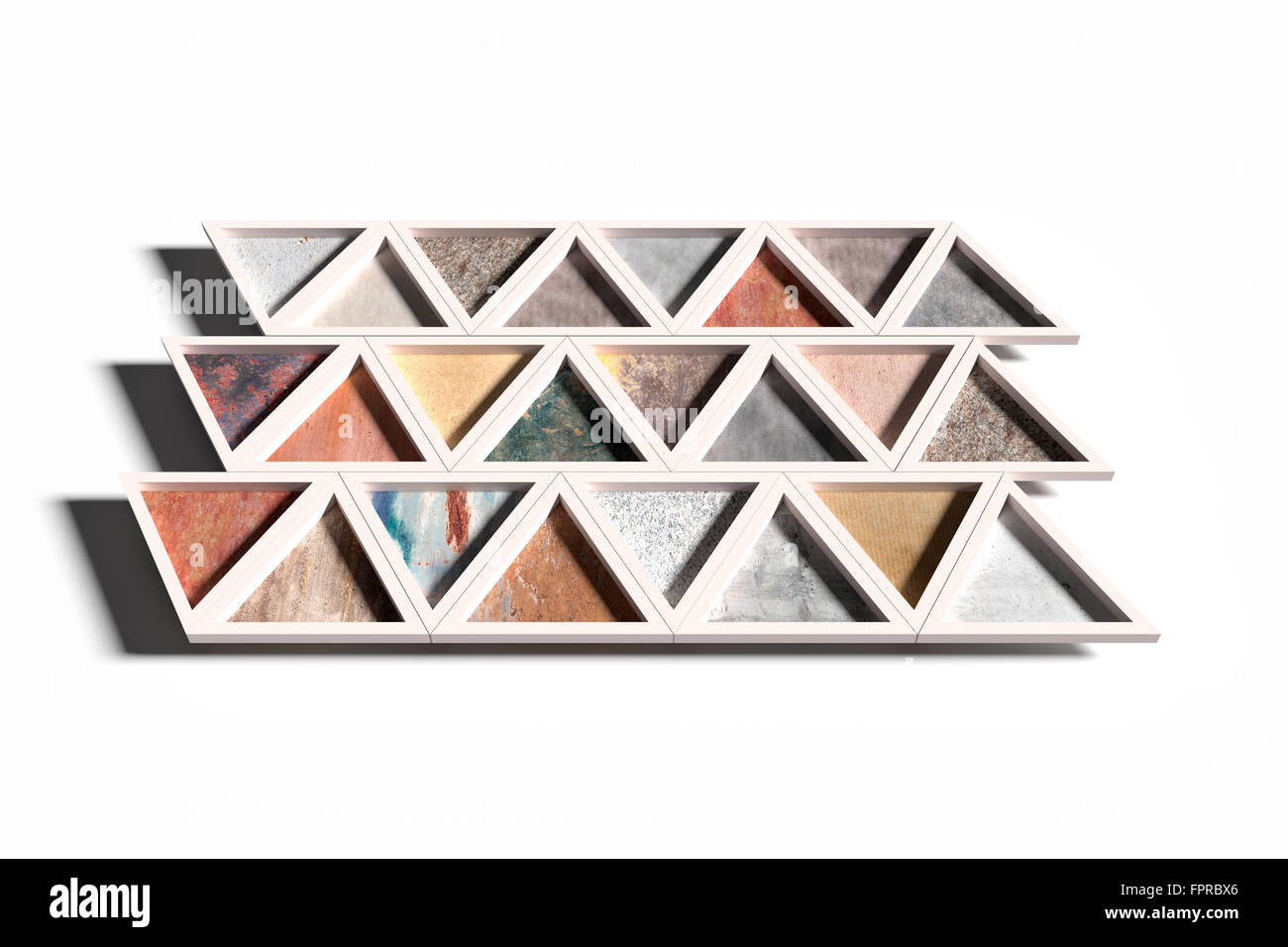 300mm Rendered Wall 3d renderingl wall with triangles of different materials in white ...