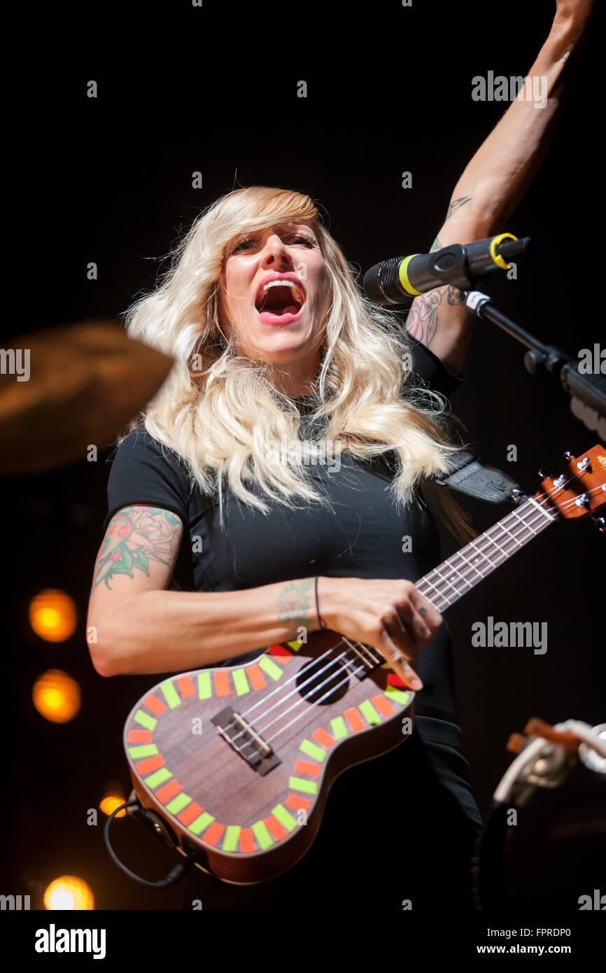 The Canadian alternative rock band Walk Off The Earth takes to the stage in London, Ont., on March 16, 2016. Formed in 2006 the  Stock Photo