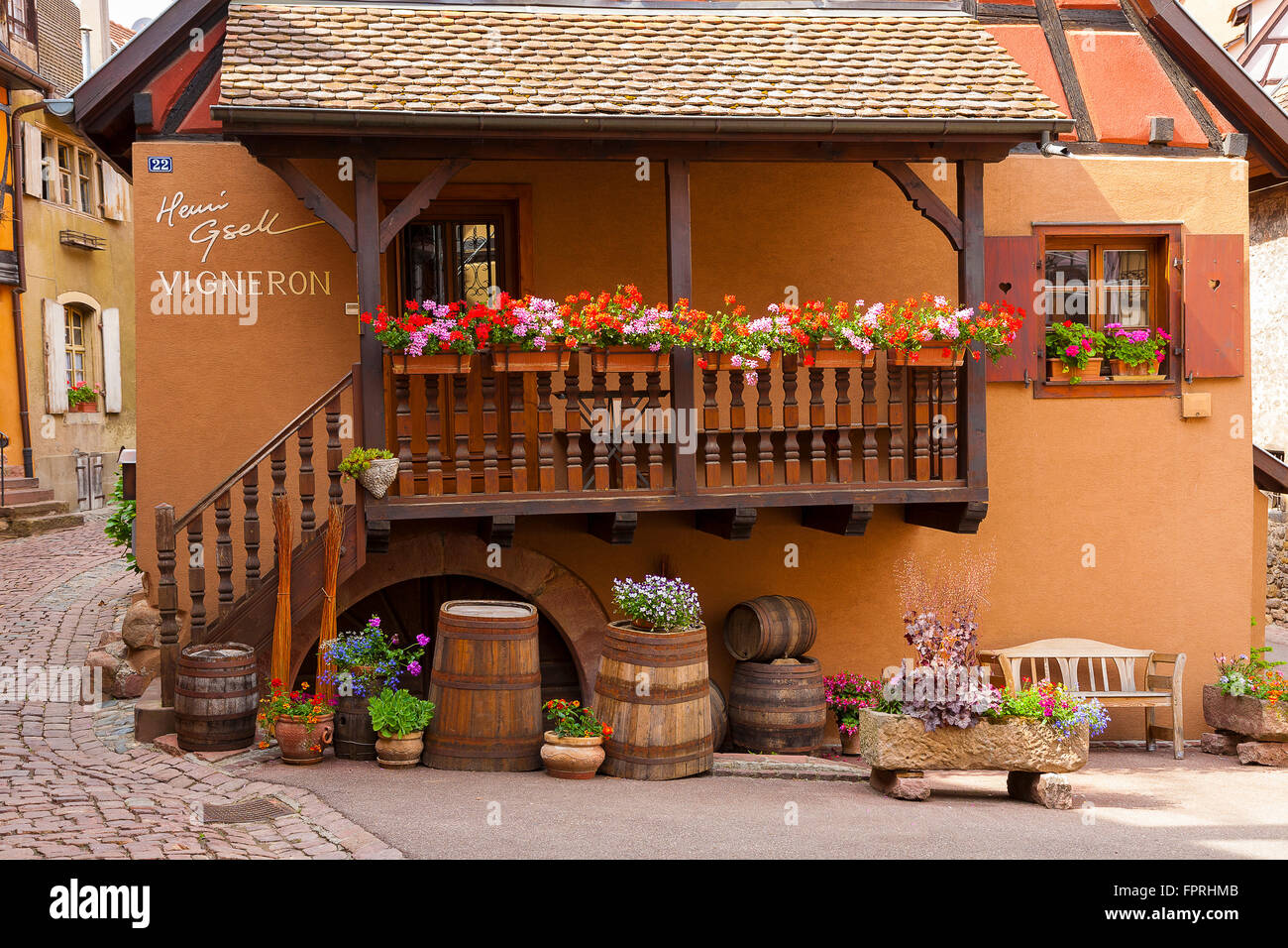 Typical half-timbered house of Eguisheim along the wine route Alsace, France. Stock Photo