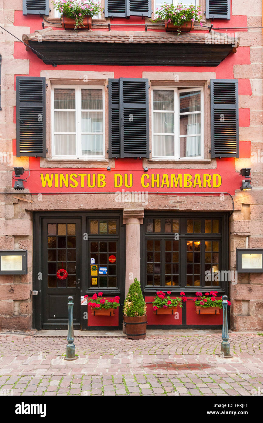 Facade of the Winstub du Chambard , Kaysersberg, wine route, Alsace, France Stock Photo