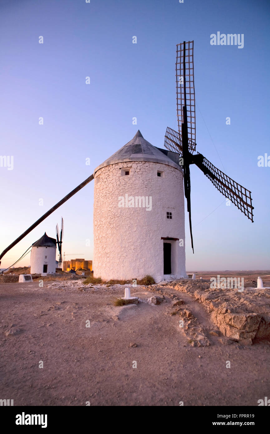 Castile-La Mancha, Consuegra, windmills on the hill, Cerro Calderico ridge, Consuegra castle Stock Photo