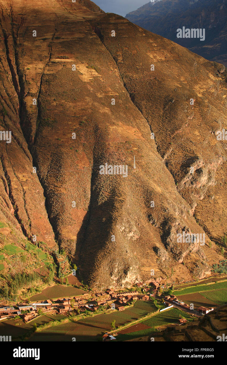 South America, Peru, Cuzco, Sacred Valley, Urubamba, elevated view of Pisac village Stock Photo