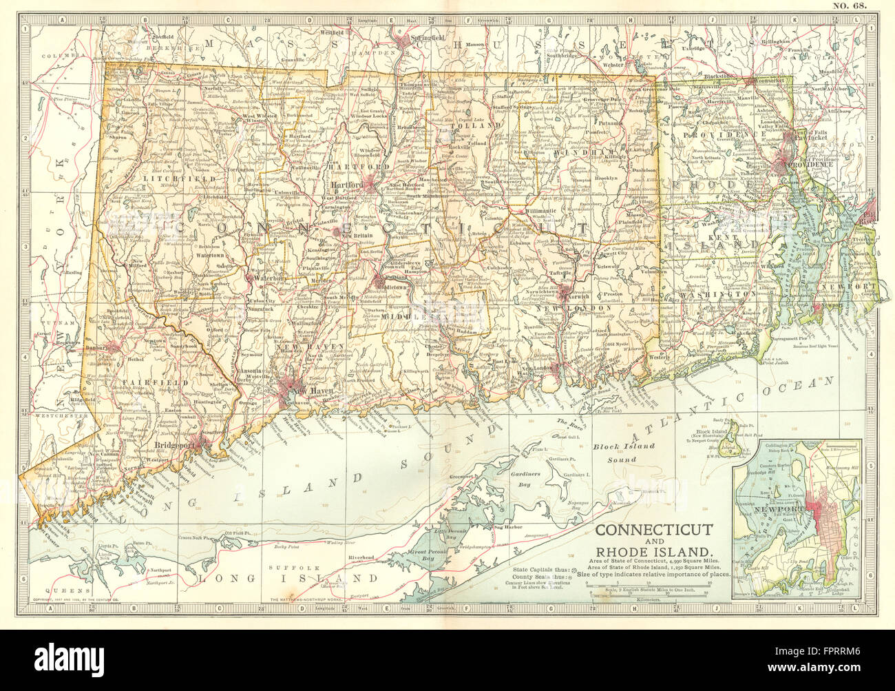 CONNECTICUT RHODE ISLAND: Newport. Shows 1637 1675 1777 battles/dates, 1903 map Stock Photo