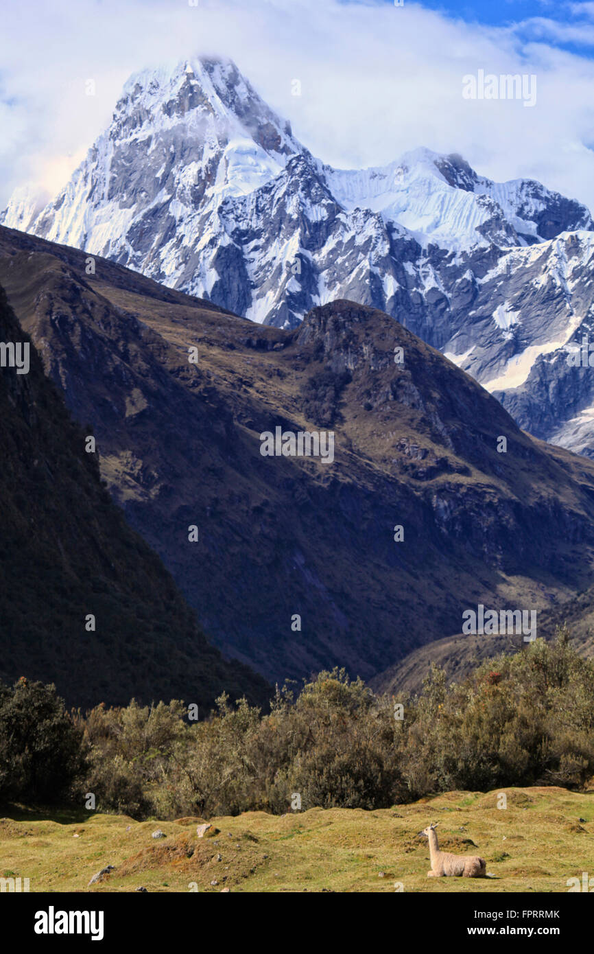 Cordillera Blanca, Huascaran National Park, with the Quebrada Santa cruz and the Taulliraju snowfie on the Santa Cruz trail Stock Photo