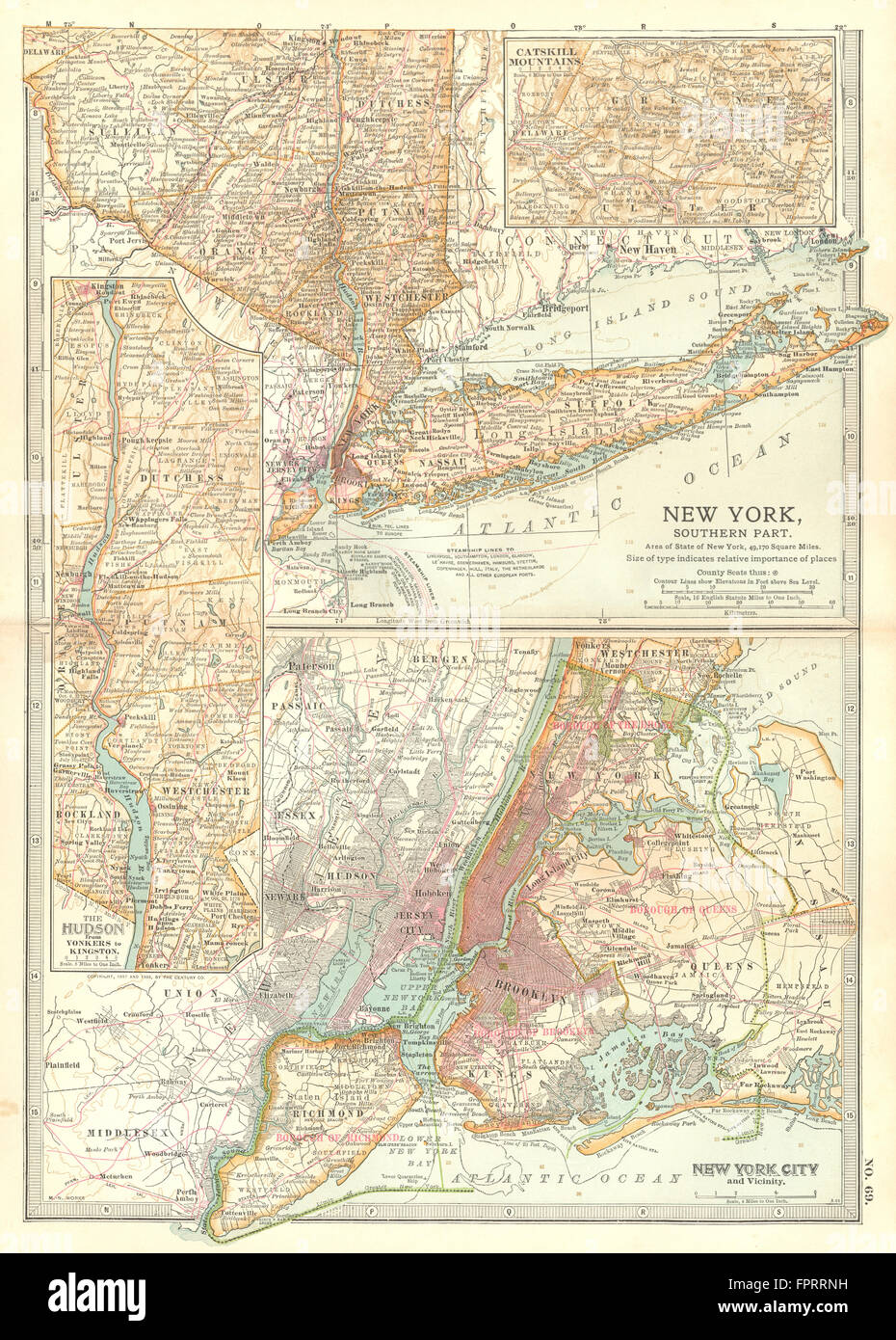 NEW YORK: South; New York City, Long Island; Inset Catskills, Hudson, 1903 map Stock Photo