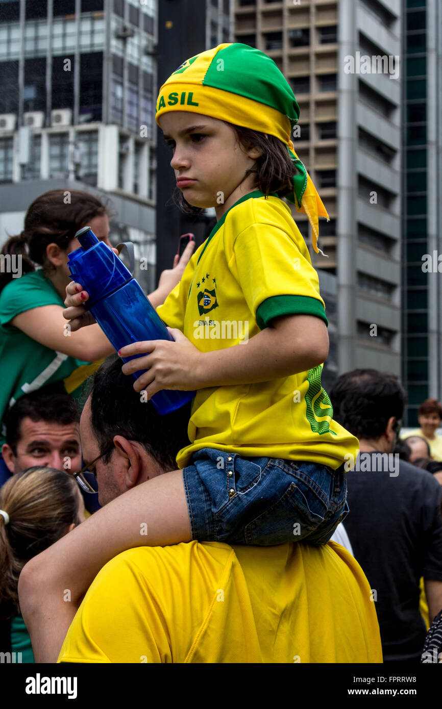 Sao Paulo Brazil March 13, 2016: One unidentified group of people in the biggest protest against federal Brazilian government. Stock Photo