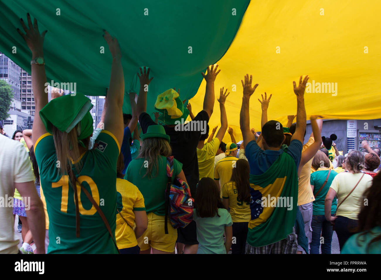 Sao Paulo Brazil March 13, 2016: One unidentified group of people in the biggest protest against federal Brazilian government. Stock Photo