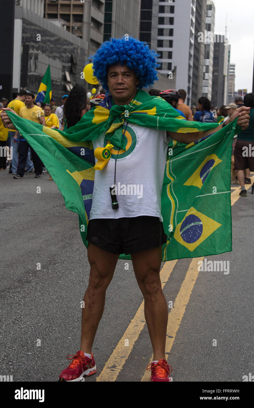 Sao Paulo Brazil March 13, 2016: One unidentified group of people in the biggest protest against federal Brazilian government. Stock Photo