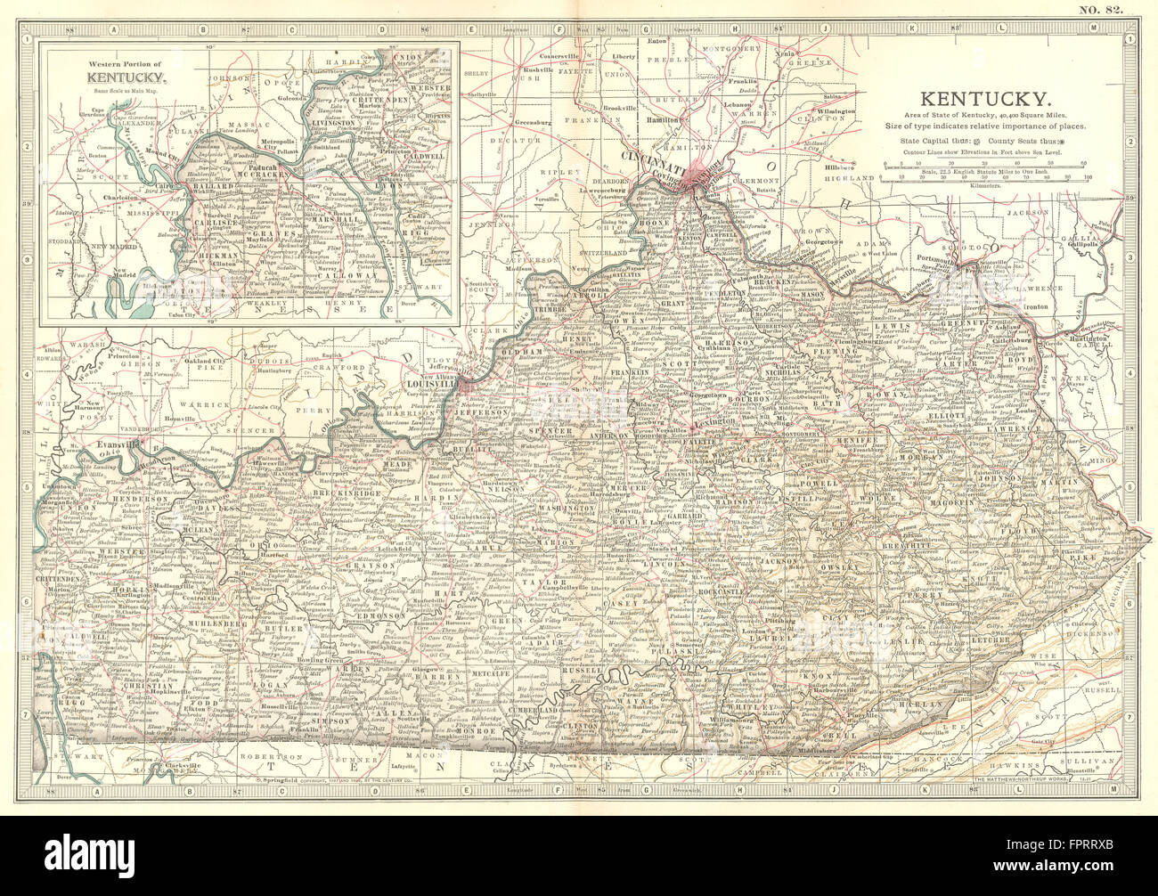 KENTUCKY: State map showing civil war battlefields & dates. Britannica, 1903 Stock Photo