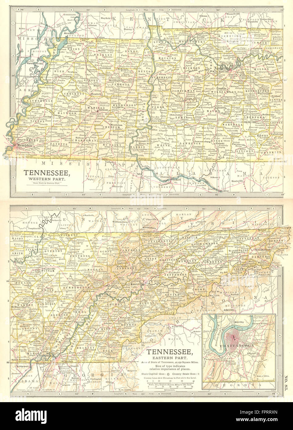 TENNESSEE: State map. Shows civil war battlefields. Inset Chattanooga, 1903 Stock Photo