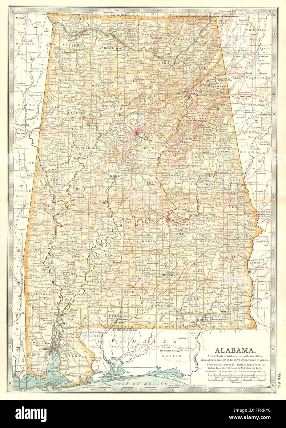 ALABAMA: State map. Counties. Shows civil war battlefields. Britannica, 1903 Stock Photo