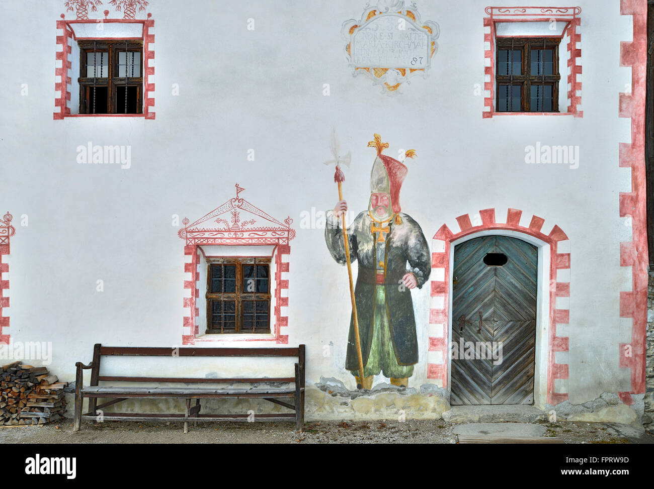 Mural with Saint Nicholas on old farm, Tyrolean Farmhouse Museum, Kramsach, Tyrol, Austria Stock Photo