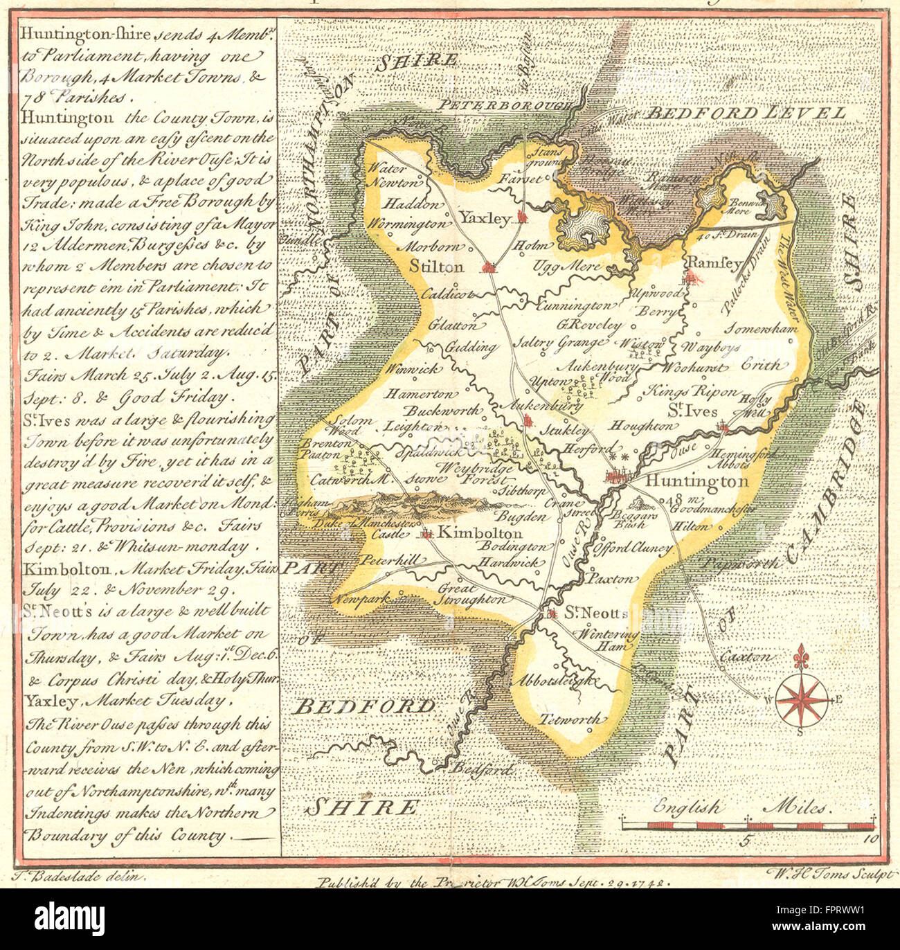 HUNTS: Huntingdonshire: Badeslade Toms 2nd Ed, 1745 antique map Stock Photo